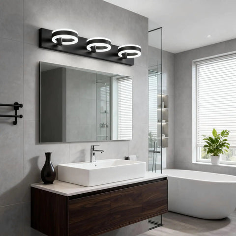 LED Bathroom Vanity Lights 24 Inch Black Three Light Acrylic Wall Sconces With 350 Degree Rotatable Over Mirror Mount Modern Vanity Fixture For Powder Room Lit Look above modern bathroom mirror.