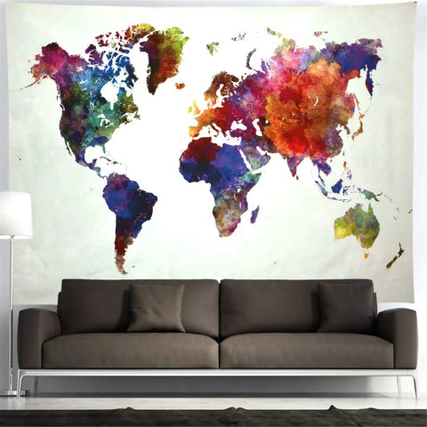 Watercolor World Map Tapestry For Home And Classroom Dope Educational Geography Wall Hanging Decor Colorful World Map Art on wall.