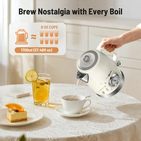 Retro Stainless Steel Electric Kettle Cordless One Point Seven Liter Capacity With Thermometer pouring water into cup