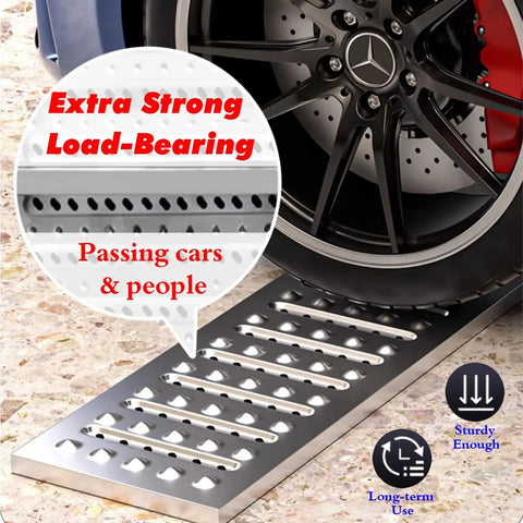 Heavy Duty 304 Stainless Steel Drain Grates Pack Of 15 Zero Rust Anti Skid Driveway Walkway Garage Floor Covers Built Different For Any Outdoor Job Today under a car tire, showcasing load-bearing strength.