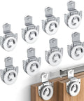 Sliding Closet Door Roller Set For Wardrobes Replacement Rollers Hardware Kit In Silver Eight Piece Pack Quiet Operation And Smooth Glide Durable Wardrobe Sliding Track Wheel System For Easy Low Noise Door Movement, front view.