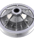 Beefed Up Rear Driven Clutch For EZGO Gas Golf Cart High Torque Upgrade 4 Cycle 1991 And Up Aluminum Drive Clutch Replacement OEM 25244G1 25632G01 G02 G03 26301G01 silver aluminum rear drive clutch, top view