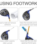Steps for using footwork technique on golf club with tools, including cleaning glue and assembling using Golf Club Cleaning Kit Set Of 4 Stainless Steel Wire And Bore Brushes With Hex Shank Handles For Wood And Iron Shafts And Ferrules Drill Compatible Cleaning Tool For Pros And Weekend Warriors.