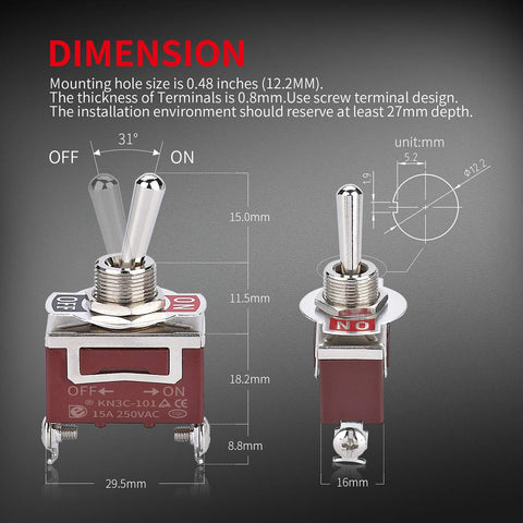 Heavy Duty Waterproof Toggle Switch 12V DC 30A 2 Pin ON Off SPST With Weatherproof Boot Cap Cover dimensions diagram