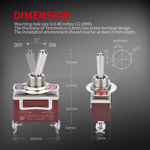 Safety Cover Toggle Switch Guard On Off Red Heavy Duty Rocker Switch 20A 12V DC 15A 250VAC 20A 125VAC 2 Pin SPST For Car Truck Automotive Beefed Up Build Water Resistant Quick Connect Wiring Ideal For Marine Automotive And Off Road Projects, with dimensions