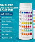 Top Shelf 7 In 1 Pool Spa And Hot Tub Test Strips 150 Count Water Chemistry Kit with color chart for water testing.