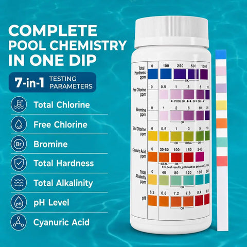 Top Shelf 7 In 1 Pool Spa And Hot Tub Test Strips 150 Count Water Chemistry Kit with color chart for water testing.