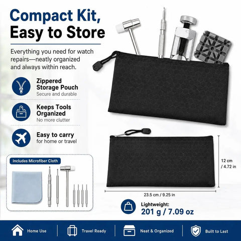 59-Piece Easy-To-Use Watch Repair Kit For Newbies With Link Removal tools and portable pouch shown in black zippered bag.