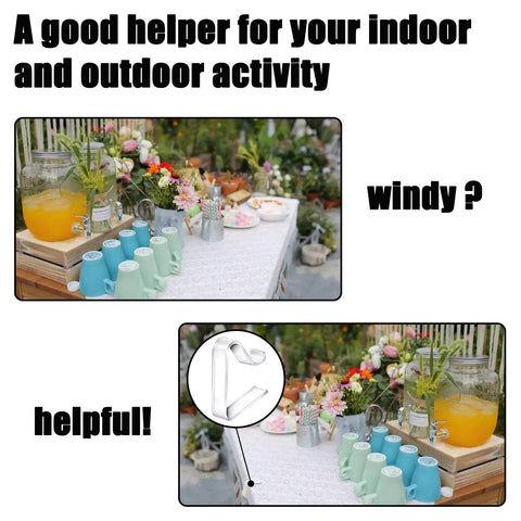 24 Pack Transparent Tablecloth Clips, Windproof Plastic Table Cover Clamps For Home Parties Weddings Outdoor Picnics Indoors, Easy Grip Table Skirt Holders That Keep Linens In Place, Durable No Slip Clamps For Secure Tabletop Coverage shown in outdoor garden setting with cups and flowers on a table.