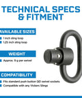 Built Like A Tank Push Button Sling Swivel For Rifles And Shotguns Machined Steel specs including sizes and compatibility.