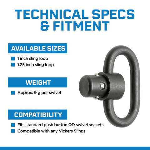 Built Like A Tank Push Button Sling Swivel For Rifles And Shotguns Machined Steel specs including sizes and compatibility.