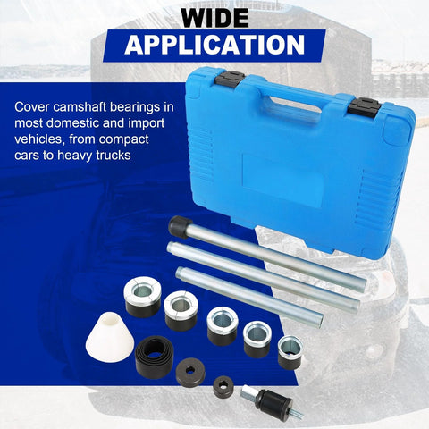 Universal Cam Bearing Tool Kit, 16-Piece Set with blue carrying case, tools, and adapters displayed, for camshaft removal and installation
