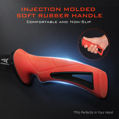 Close-up of Intimidator Bait Knife non-slip soft rubber handle in hand, highlighting ergonomic design.
