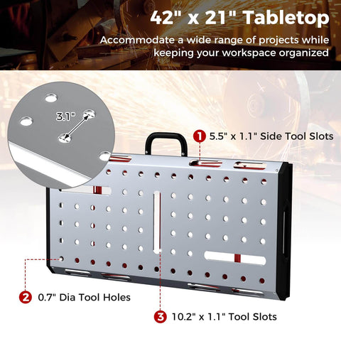 Image showing Portable Welding Table 42 By 21 Inches Folding Height Adjustable Top with beefy 1000 lbs capacity, tool slots, and handle
