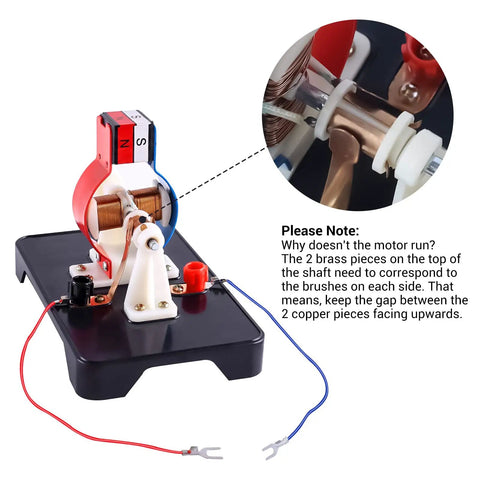 DIY Electric Motor Kit for Hands-On Learning with 3V and 6V DC Motor, assembled on black base with red and blue wires connected