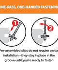 Diagram showing Hidden Deck Fasteners 900 Count Set With One Pass Clip System installation process in grooved boards.