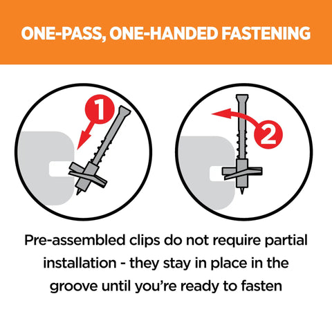 Diagram showing Hidden Deck Fasteners 900 Count Set With One Pass Clip System installation process in grooved boards.