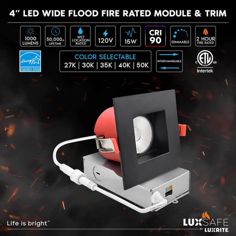 4 Inch LED Wide Flood Fire Rated Module & Trim, 1000 lumens, dimmable, color selectable, wet rated.