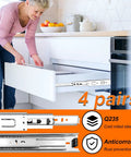 Heavy Duty 22 Inch Full Extension Drawer Slides 4 Pack Side Mount Cabinet Glides With Continuous Bearings 100 Lb Capacity shown in a kitchen.