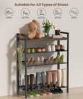 Five Tier Metal Shoe Rack With Wooden Top And Adjustable Mesh Shelves For Entryway Or Closet displayed with shoes and decor