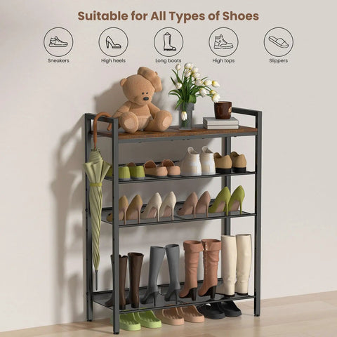 Five Tier Metal Shoe Rack With Wooden Top And Adjustable Mesh Shelves For Entryway Or Closet displayed with shoes and decor