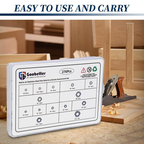 Top Shelf Hex Nuts Assortment Kit 276 Piece Metric Hardware Set In 304 Stainless Steel With Nylon Locknuts For Auto Repair And Weekend Build Projects Ready displayed in tool workspace.