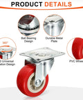 Four Pack Of 2.5 Inch Red Pvc Swivel Caster Wheels With Silent 360 Ball Bearings For Heavy Duty Furniture Carts And Utility Dollies showing durable metal plate and ball bearing design.