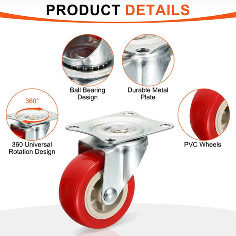 Four Pack Of 2.5 Inch Red Pvc Swivel Caster Wheels With Silent 360 Ball Bearings For Heavy Duty Furniture Carts And Utility Dollies showing durable metal plate and ball bearing design.