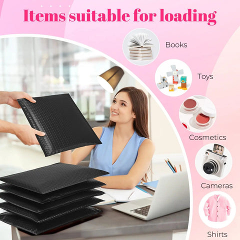 Woman receiving 10x13 Inch Black Bubble Mailers 40 Pack Waterproof Padded Envelopes with list of suitable items like books and cosmetics