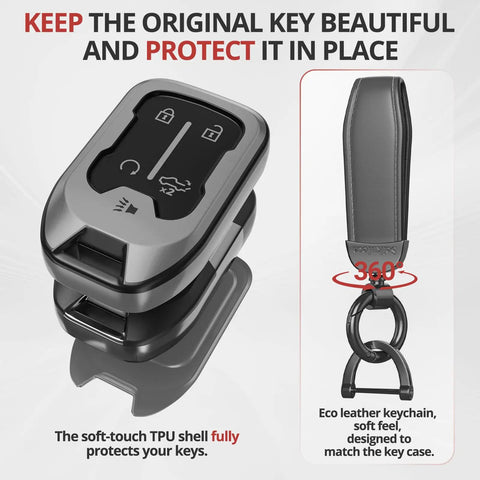 Slick Matte TPU Key Fob Cover For Chevy Gmc With Leather Strap Keychain, soft-touch shell and eco leather strap.