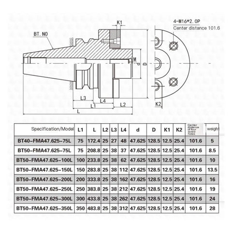 Technical drawing of Heavy Duty BT50 CNC Collet Chuck Adapter Wielding FMA47625 Sleeve specifications with dimensions.