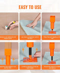 Six-panel infographic of VEVOR screw jack post with 4x4 base for floor leveling, including mat and base plate.