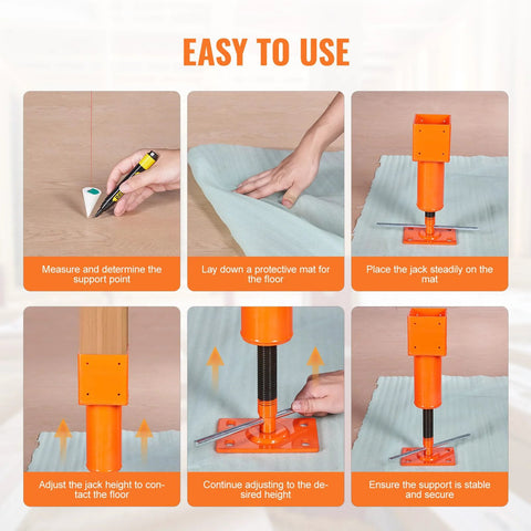 Six-panel infographic of VEVOR screw jack post with 4x4 base for floor leveling, including mat and base plate.