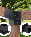 Slanted Roof Pergola Bracket Kit With 15 Degree 3 Way And Single Direction Wall Mounts Black Steel Brackets attached to wood post