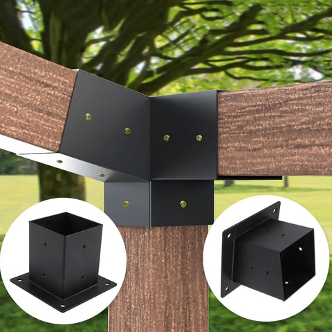 Slanted Roof Pergola Bracket Kit With 15 Degree 3 Way And Single Direction Wall Mounts Black Steel Brackets attached to wood post