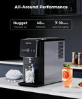 Countertop Nugget Ice Maker With Touchless Dispenser 40 Lbs Daily Output showing chewable ice and drink on a marble countertop.