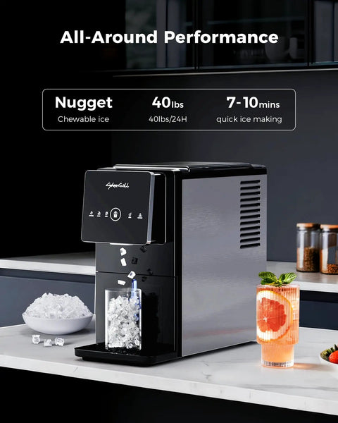 Countertop Nugget Ice Maker With Touchless Dispenser 40 Lbs Daily Output showing chewable ice and drink on a marble countertop.