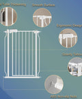 Diagram of features for an extra wide baby and pet gate for indoor stairs and doorways 30 inch tall black metal pressure mounted