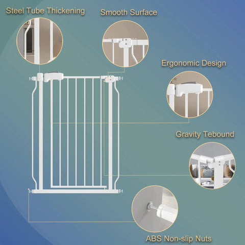 Diagram of features for an extra wide baby and pet gate for indoor stairs and doorways 30 inch tall black metal pressure mounted