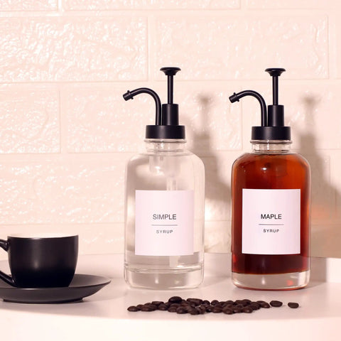 Two Pack Glass Syrup Pump Dispensers for Coffee Bar Setup with 84 Labels and Funnel, 16.9 Oz Each, Matte Black Pumps