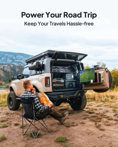 Next Level 560W Alternator To Dc To Dc Car Charger powering outdoor setup with portable screens for easy camping use.