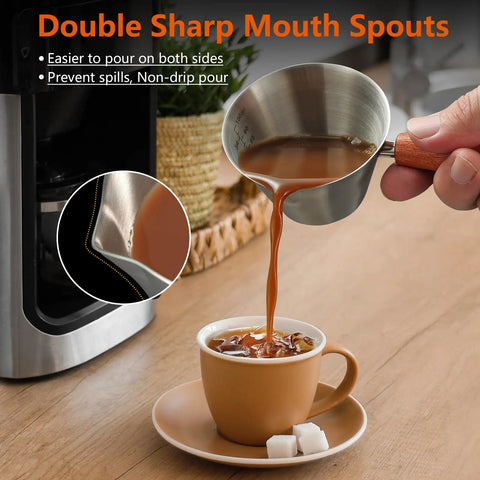 Pouring coffee from Barista-Grade Stainless Steel Espresso Shot Cup With Handle, V-Shaped Spouts Measuring Cup, 3.4 oz 100 ml into mug