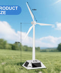 Solar Powered Windmill Kit for Desk and Home Decor, Rotating Wind Turbine Model in white, dimensions shown, outdoor setting.