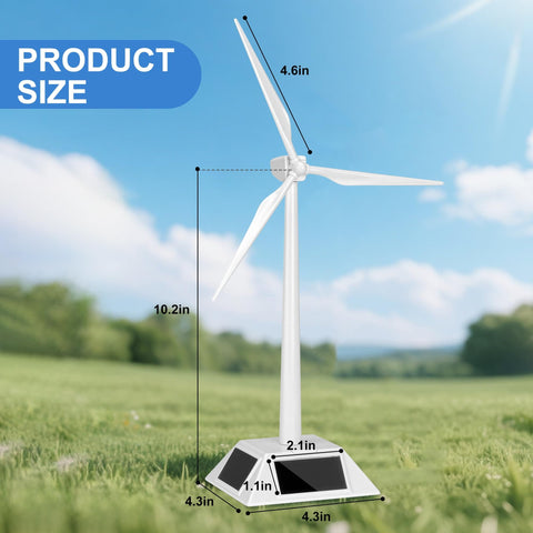 Solar Powered Windmill Kit for Desk and Home Decor, Rotating Wind Turbine Model in white, dimensions shown, outdoor setting.