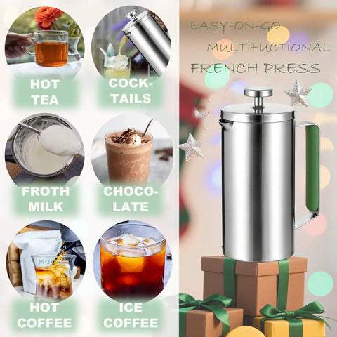 Stainless Steel French Press Coffee Maker 21 Oz Capacity Portable Camping Travel Coffee Press With Green Handle BPA Free