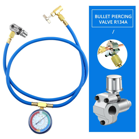 Swakuta bullet piercing valve kit, front view with blue hoses, brass fittings, and gauge
