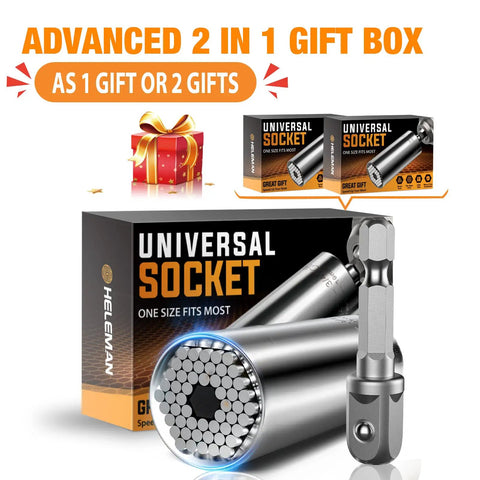 Two Pack Universal Socket Tool Set With Power Drill Adapter shown in gift boxes with chrome vanadium material.