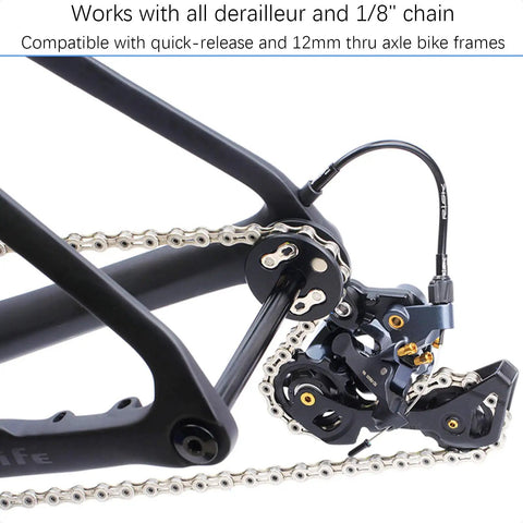 5 In 1 Dummy Hub Bicycle Tool Kit on bike frame showing chain keeper and derailleur compatibility with 12mm thru axle