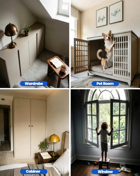 Image of four different uses for 2 Pack 2 In 1 Barn Door Lock And Latch, 90 And 180 Degree Adjustable Sliding Lock For Cabinets.
