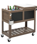 80 Quart Rolling Patio Cooler With Bottle Opener And Shelf Standing Ice Chest With Blackboard For Outdoor Gatherings Taupe Brown Grab And Go Party Ready Cooler With Easy Roll Wheels Perforated Shelves Keeps Drinks Cold And Accessible, shown stocked with bottles on wheels.